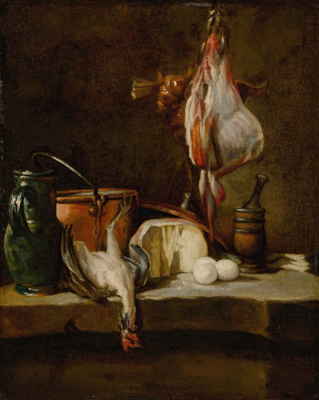 Natureza-morta de Jean Siméon Chardin, mostrando uma pata pendurada, aves abatidas, queijo, ovos e utensílios de cozinha em uma mesa de madeira.