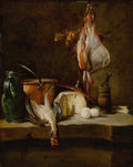 Natureza-morta de Jean Siméon Chardin, mostrando uma pata pendurada, aves abatidas, queijo, ovos e utensílios de cozinha em uma mesa de madeira.