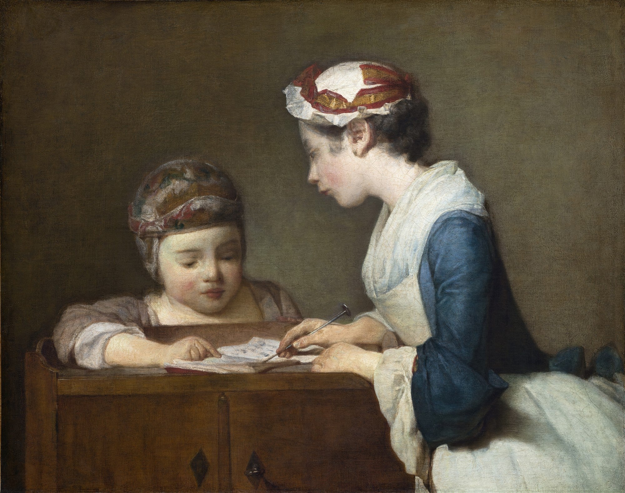 Quadro decorativo "A Jovem Professora" de Jean Siméon Chardin, mostrando uma jovem ensinando uma criança em uma cena de gênero do século XVIII.