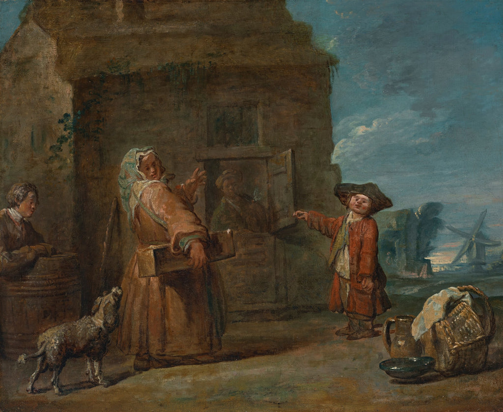 Uma pintura de Jean Siméon Chardin retratando uma cena de gênero com figuras em frente a uma casa rústica, um cachorro e um moinho de vento ao fundo, sob um céu azul-nublado.