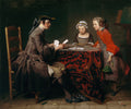 Pintura a óleo de Jean Siméon Chardin intitulada 'A Mesa de Jogo', retratando um homem e duas crianças em torno de uma mesa com cartas de baralho. O homem está de perfil, segurando cartas, e as crianças o observam com curiosidade. A cena é iluminada por uma luz suave, destacando os detalhes das roupas e do tapete.