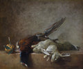 Pintura a óleo de Jean Siméon Chardin, uma natureza-morta com um faisão e uma lebre mortos, e uma laranja com folhas, dispostos sobre uma mesa de madeira.
