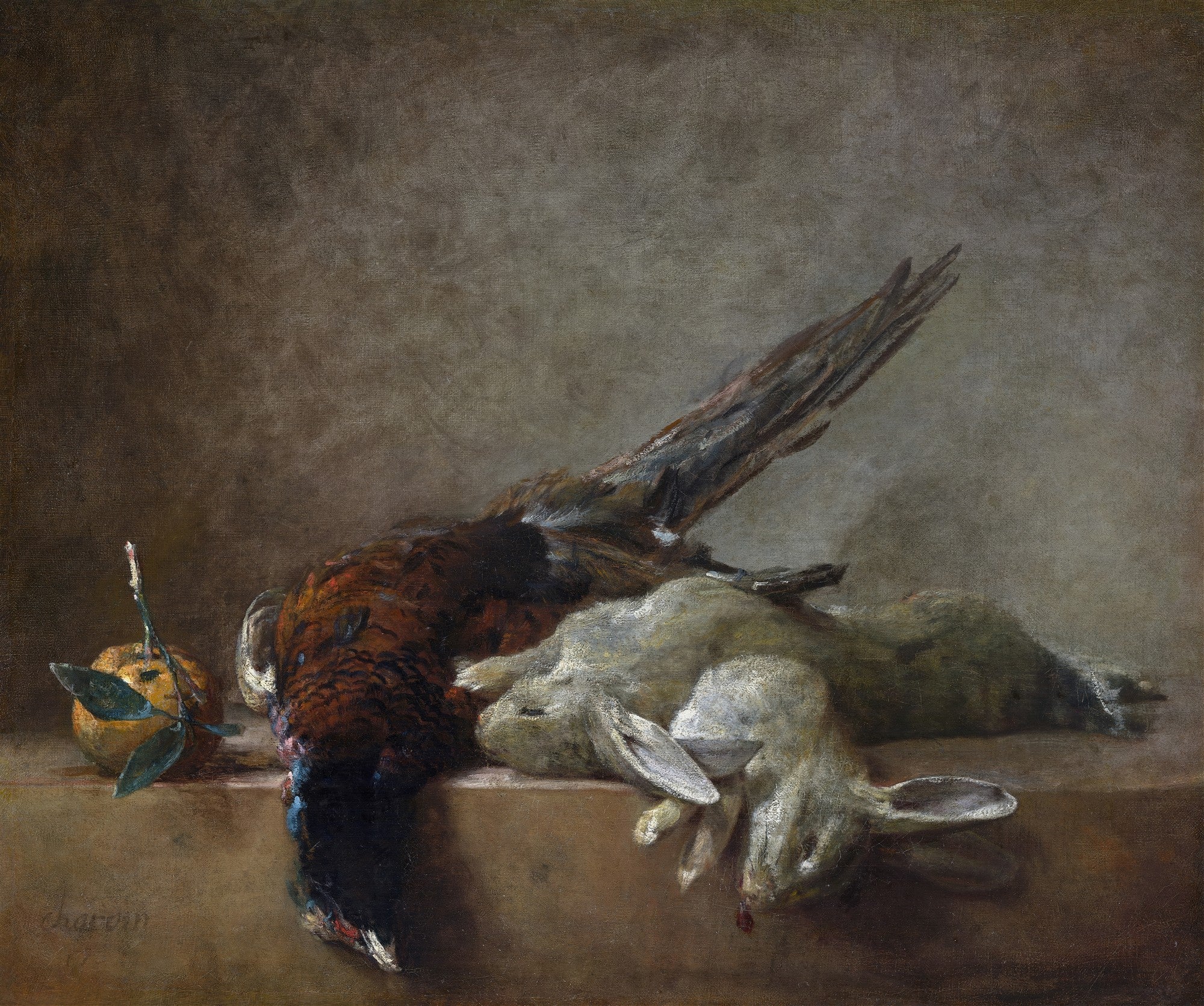 Pintura a óleo de Jean Siméon Chardin, uma natureza-morta com um faisão e uma lebre mortos, e uma laranja com folhas, dispostos sobre uma mesa de madeira.