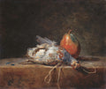 Pintura a óleo de Jean Siméon Chardin, Natureza-Morta com Perdiz e Pera, retratando uma perdiz morta deitada ao lado de uma pera madura sobre uma superfície de madeira, com um fundo escuro e neutro, evidenciando a técnica de claro-escuro e realismo do século XVIII.