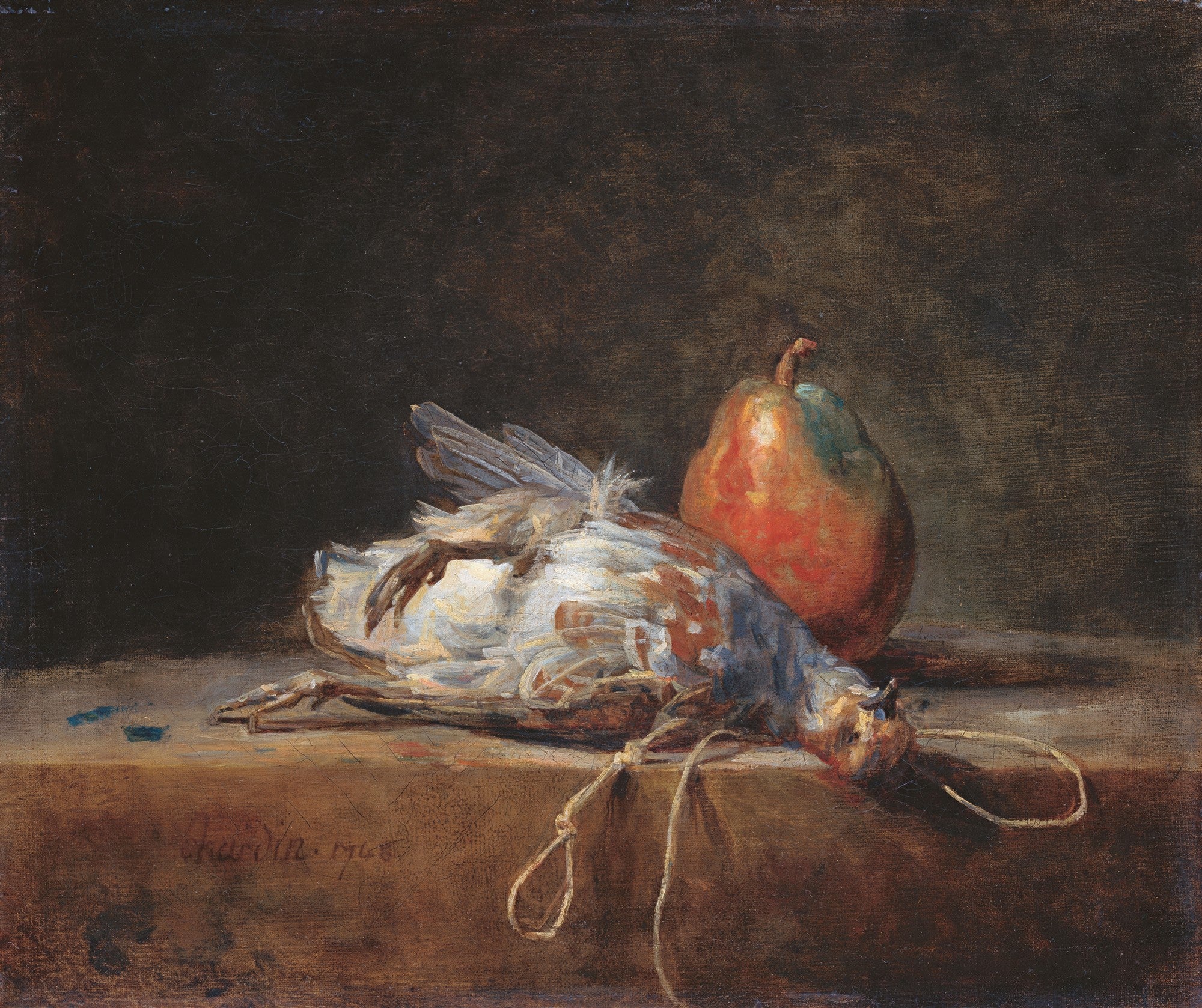 Pintura a óleo de Jean Siméon Chardin, Natureza-Morta com Perdiz e Pera, retratando uma perdiz morta deitada ao lado de uma pera madura sobre uma superfície de madeira, com um fundo escuro e neutro, evidenciando a técnica de claro-escuro e realismo do século XVIII.