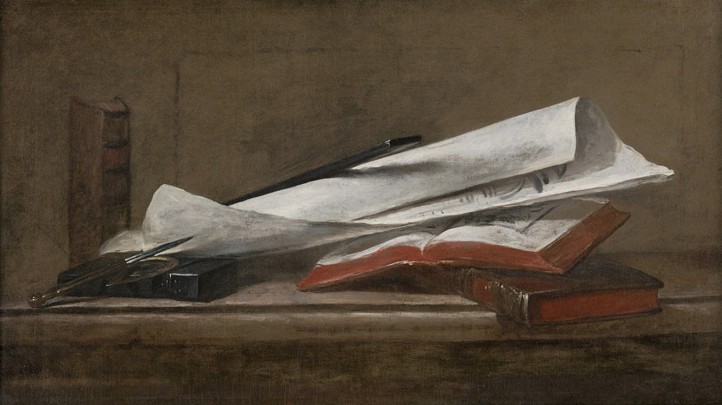 Natureza-morta de Jean Siméon Chardin com livros, papéis e instrumentos de desenho sobre uma mesa escura
