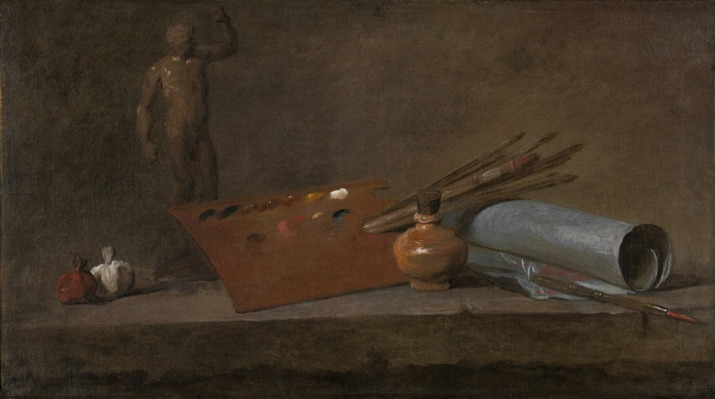 Natureza-morta do século XVIII mostrando objetos de pintura: uma paleta com tintas, pincéis, um rolo de papel, um frasco de tinta e uma estatueta de gesso, com fundo escuro. Obra de Jean Siméon Chardin.