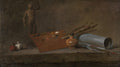 Natureza-morta do século XVIII mostrando objetos de pintura: uma paleta com tintas, pincéis, um rolo de papel, um frasco de tinta e uma estatueta de gesso, com fundo escuro. Obra de Jean Siméon Chardin.