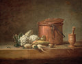 Uma pintura de natureza-morta de Jean Siméon Chardin, apresentando uma panela de cobre grande com tampa, um pilão de madeira e vários vegetais como couve-flor, nabos e espigas de milho sobre uma superfície de madeira, com um fundo escuro.
