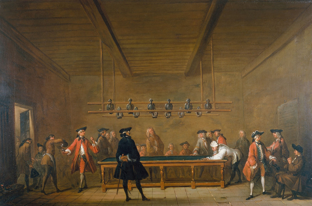 Uma pintura a óleo de Jean Siméon Chardin, intitulada 'A Sala de Bilhar', retratando homens do século XVIII jogando bilhar em um salão iluminado por luz difusa. A cena de gênero mostra a interação social e a vestimenta da época.