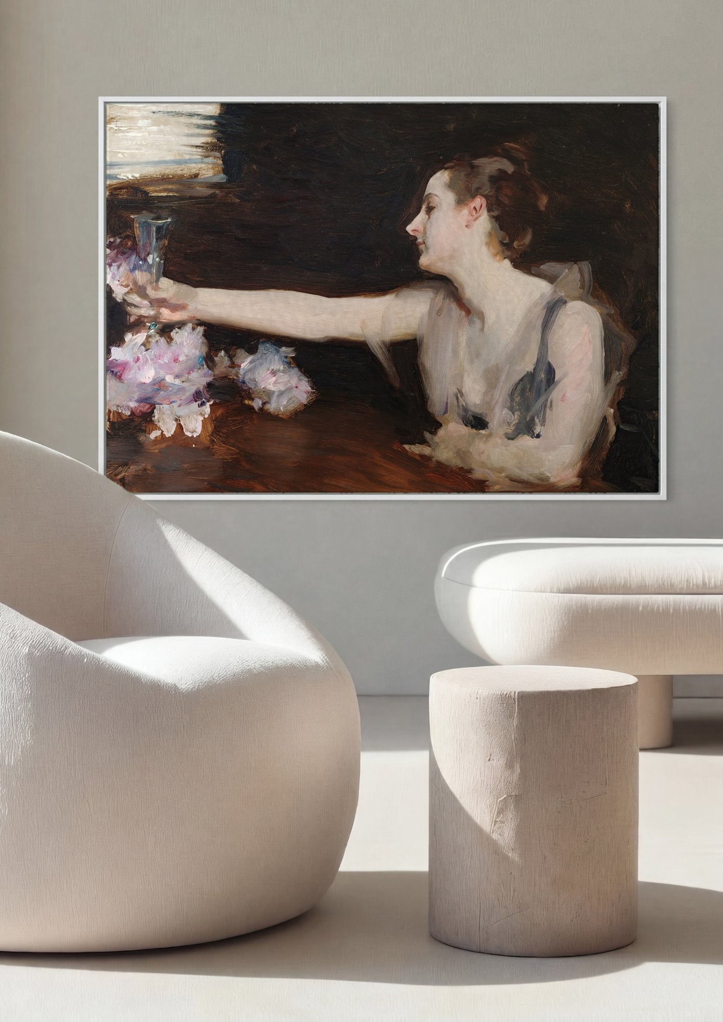 Quadro Decorativo Senhora com Peônias - John Singer Sargent em ambiente decorado