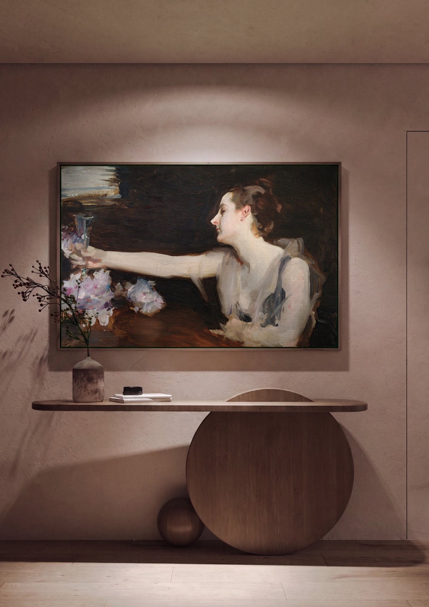 Quadro Decorativo Senhora com Peônias - John Singer Sargent em ambiente decorado