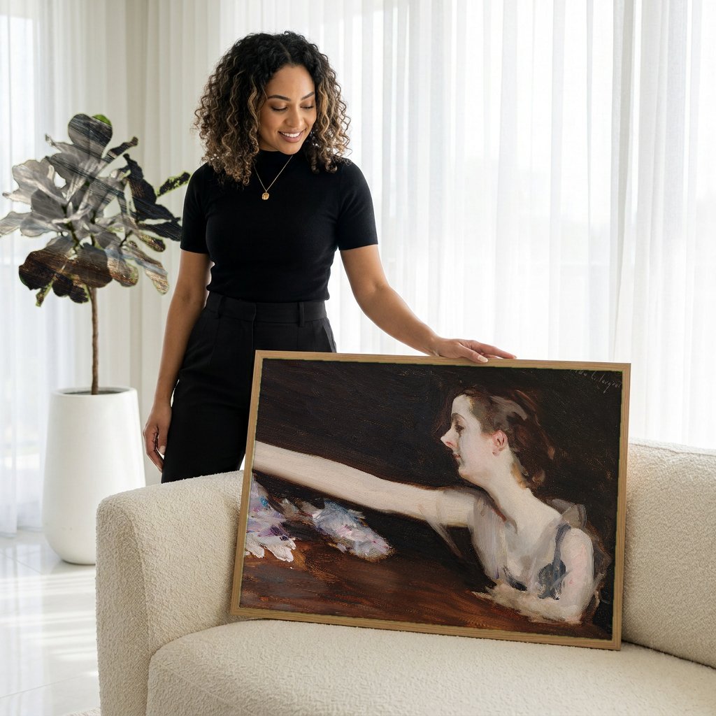 Quadro Decorativo Senhora com Peônias - John Singer Sargent com modelo em ambiente