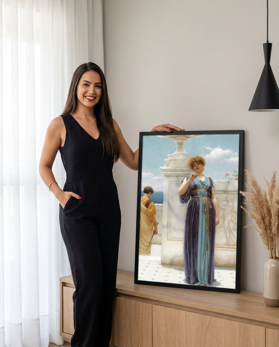 Quadro Decorativo 'A Semente da Dúvida' - John William Godward com modelo em ambiente