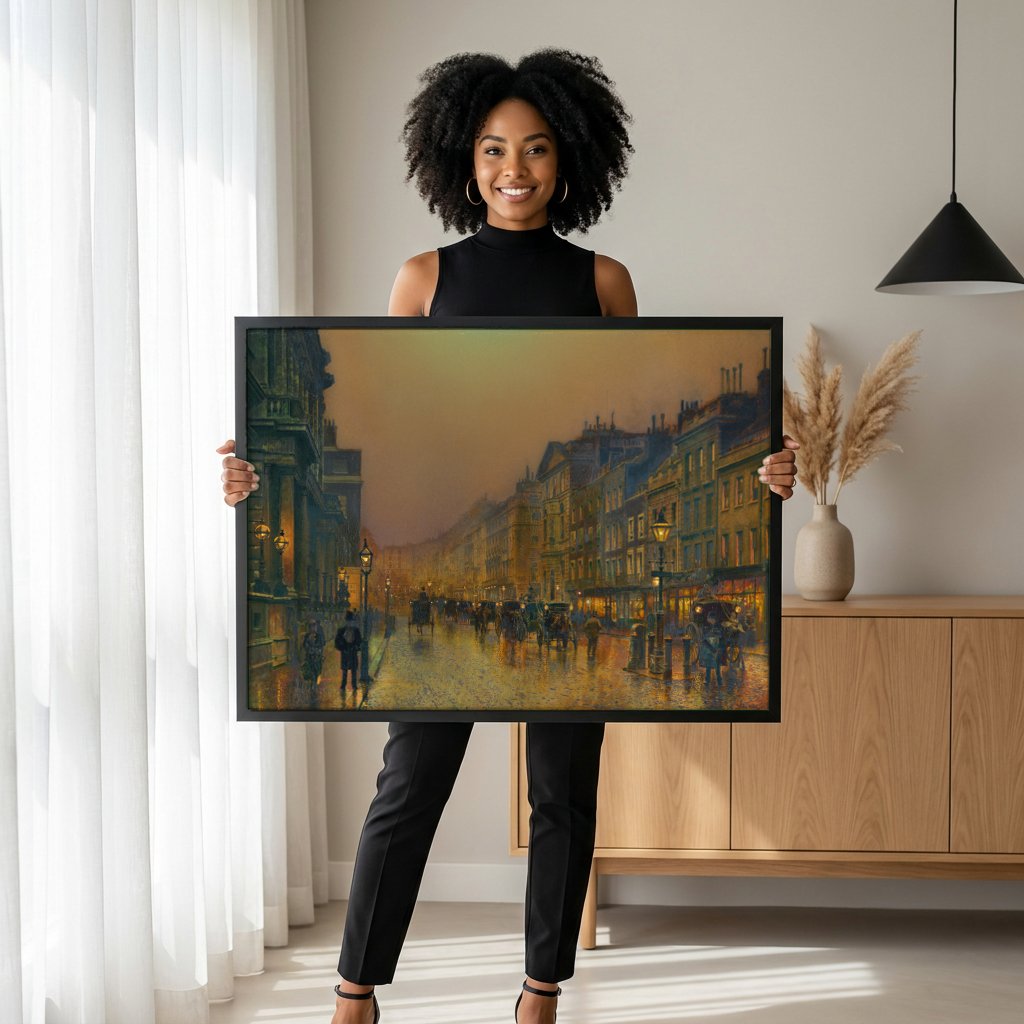 Quadro Decorativo Cena Urbana Noturna - John Atkinson Grimshaw com modelo em ambiente