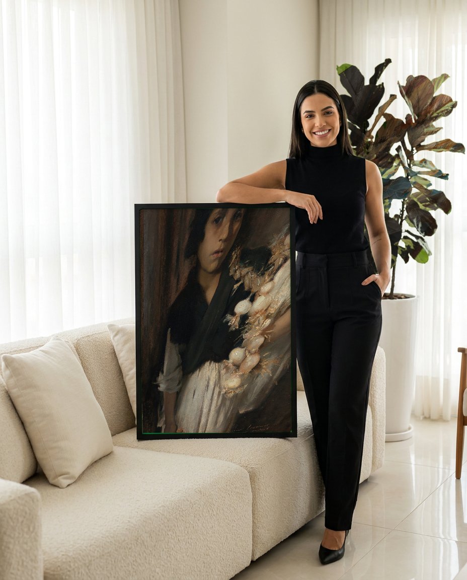 Quadro Decorativo 'A Vendedora de Alho' - John Singer Sargent com modelo em ambiente