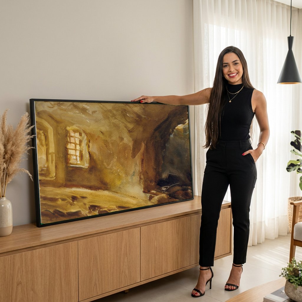 Quadro Decorativo Interior Iluminado - John Singer Sargent com modelo em ambiente