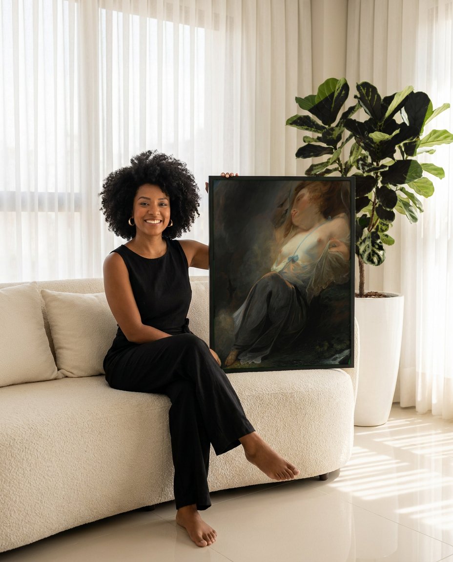 Quadro Decorativo A Ninfa Adormecida - John Hoppner com modelo em ambiente