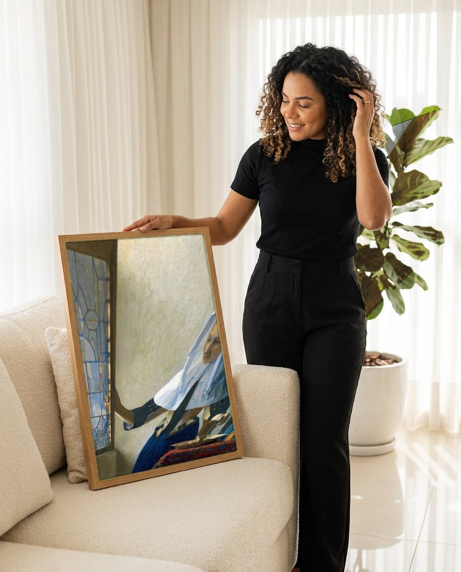 Quadro Decorativo A Mulher na Janela - Johannes Vermeer com modelo em ambiente