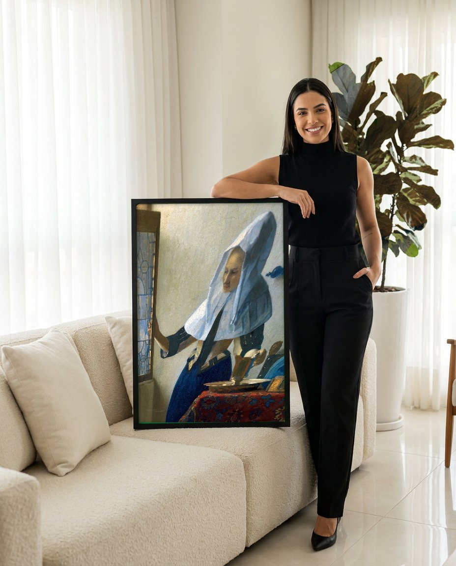 Quadro Decorativo A Mulher na Janela - Johannes Vermeer com modelo em ambiente