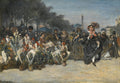 Quadro decorativo de uma cena de mercado de flores em Paris de Johan Barthold Jongkind, com figuras femininas e sombrinhas sob árvores.