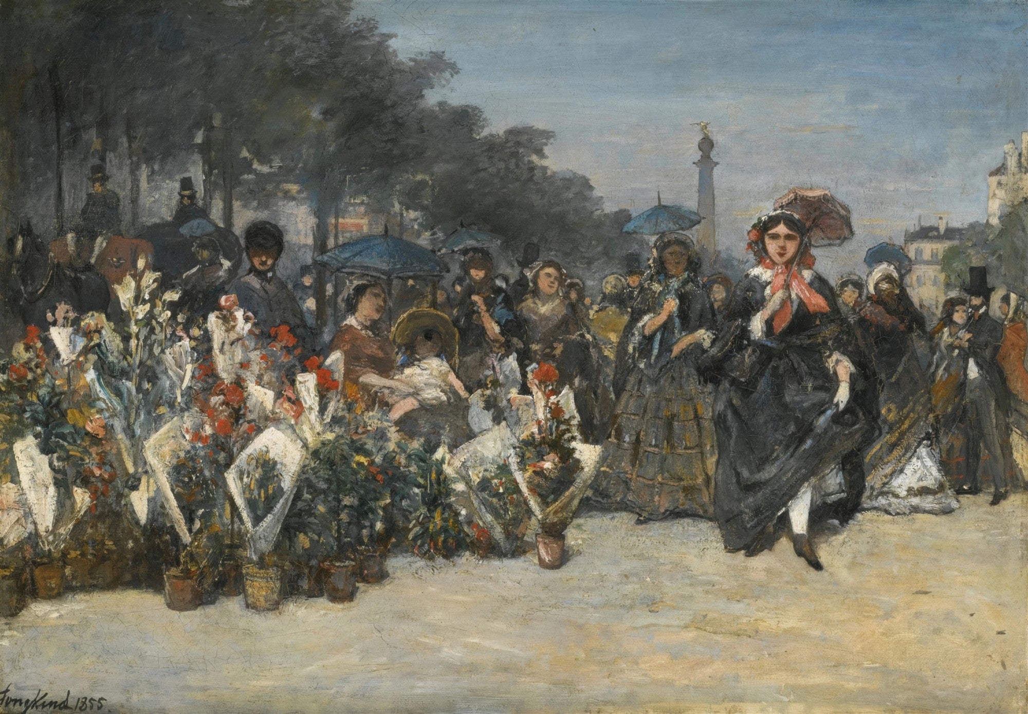 Quadro decorativo de uma cena de mercado de flores em Paris de Johan Barthold Jongkind, com figuras femininas e sombrinhas sob árvores.