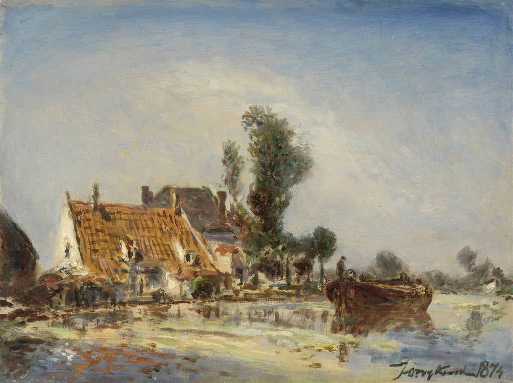 Quadro decorativo com paisagem de Johan Barthold Jongkind, mostrando casas antigas com telhados alaranjados, árvores e um barco em um rio, sob um céu claro.