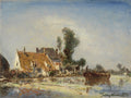 Quadro decorativo com paisagem de Johan Barthold Jongkind, mostrando casas antigas com telhados alaranjados, árvores e um barco em um rio, sob um céu claro.