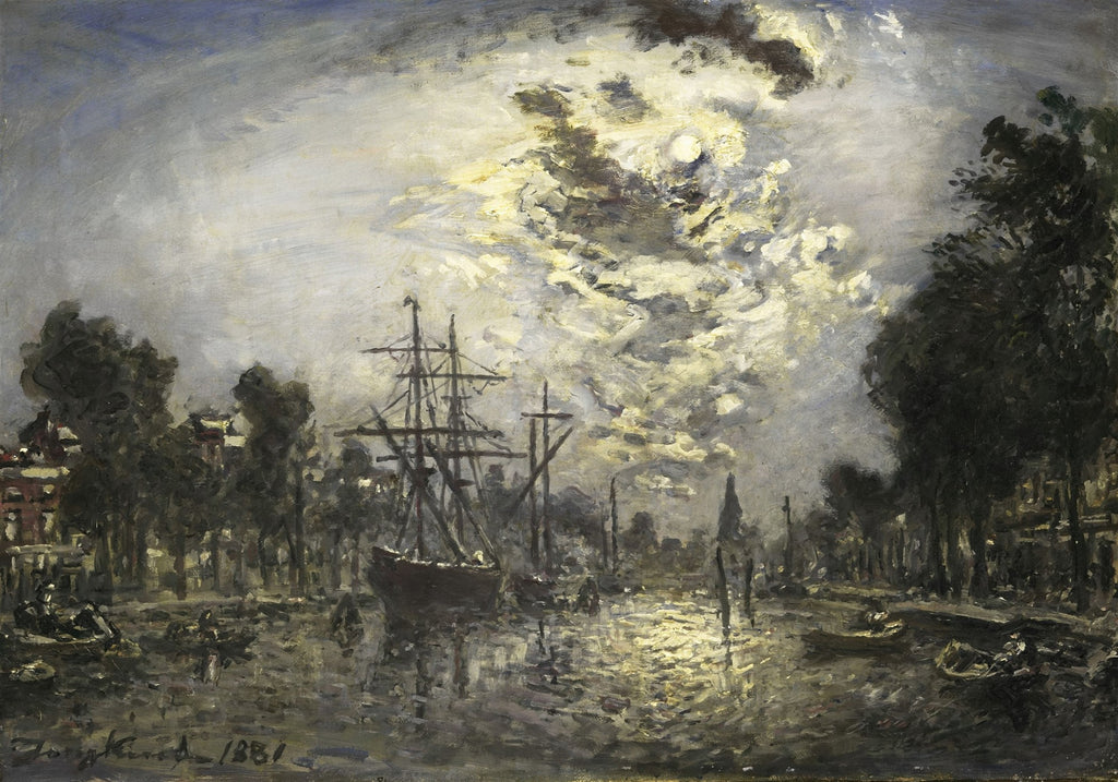 Pintura a óleo de Johan Barthold Jongkind, 'Porto ao Luar', retratando um porto à noite com barcos e árvores, iluminado por um luar intenso que se reflete na água, com nuvens dramáticas no céu.