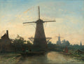 Quadro decorativo mostrando moinhos holandeses ao entardecer, com céu alaranjado e azul. Há pessoas em um barco no rio e uma mulher com uma criança na margem. A imagem é atribuída a Johan Barthold Jongkind.