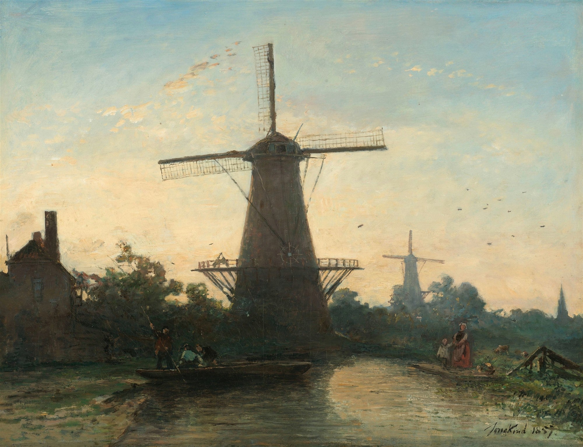 Quadro decorativo mostrando moinhos holandeses ao entardecer, com céu alaranjado e azul. Há pessoas em um barco no rio e uma mulher com uma criança na margem. A imagem é atribuída a Johan Barthold Jongkind.