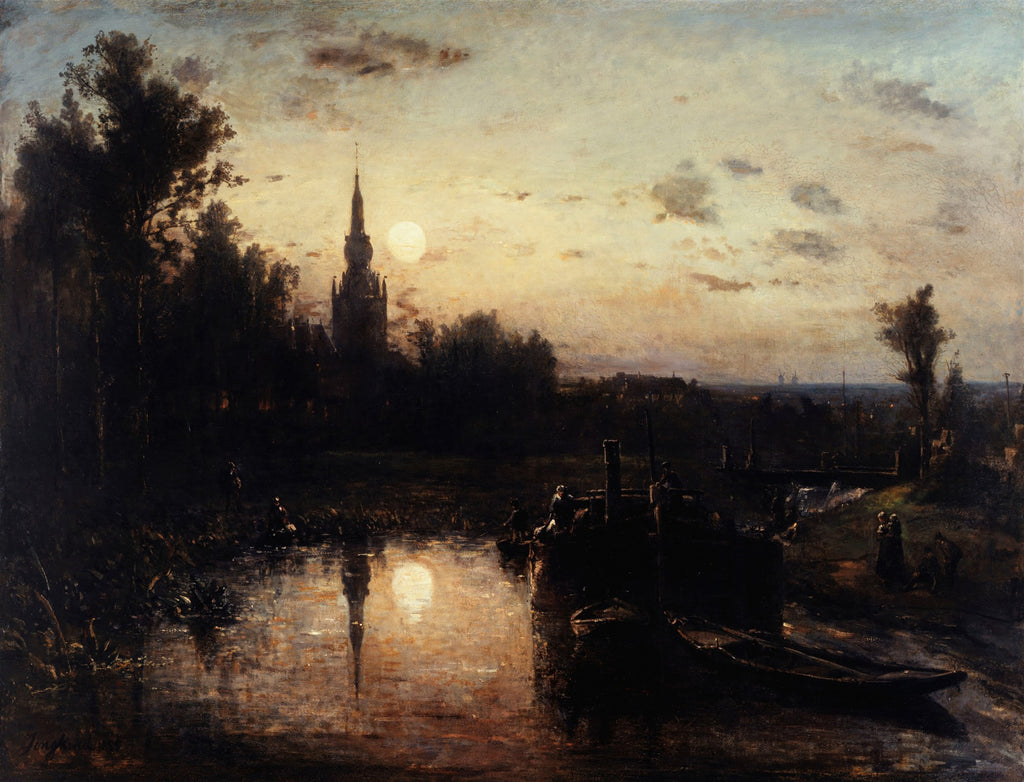 Quadro decorativo noturno com lua cheia refletindo na água, torre de igreja ao fundo e árvores escuras. Atribuído a Johan Barthold Jongkind.