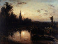 Quadro decorativo noturno com lua cheia refletindo na água, torre de igreja ao fundo e árvores escuras. Atribuído a Johan Barthold Jongkind.