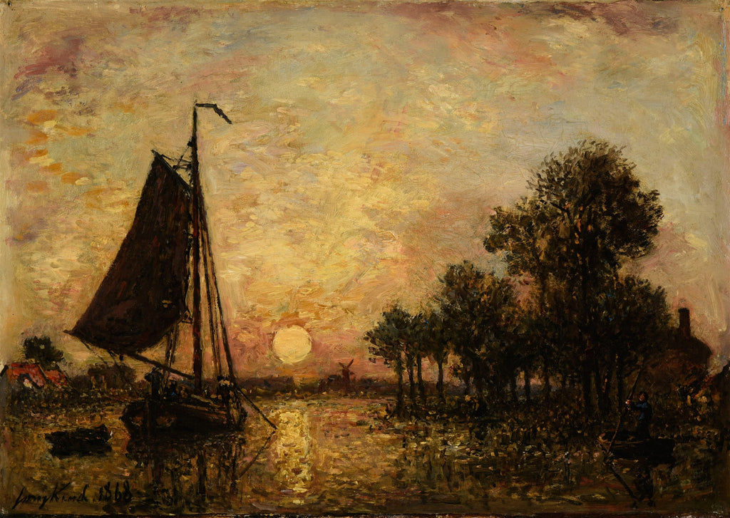 Quadro decorativo com paisagem de pôr do sol, um barco à vela em um rio, árvores e um moinho de vento ao fundo, com a assinatura 'Jongkind 1868'.