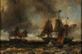 Quadro decorativo com pintura a óleo de Johan Barthold Jongkind, representando navios a vela enfrentando uma tempestade em um mar agitado sob um céu escuro e dramático.