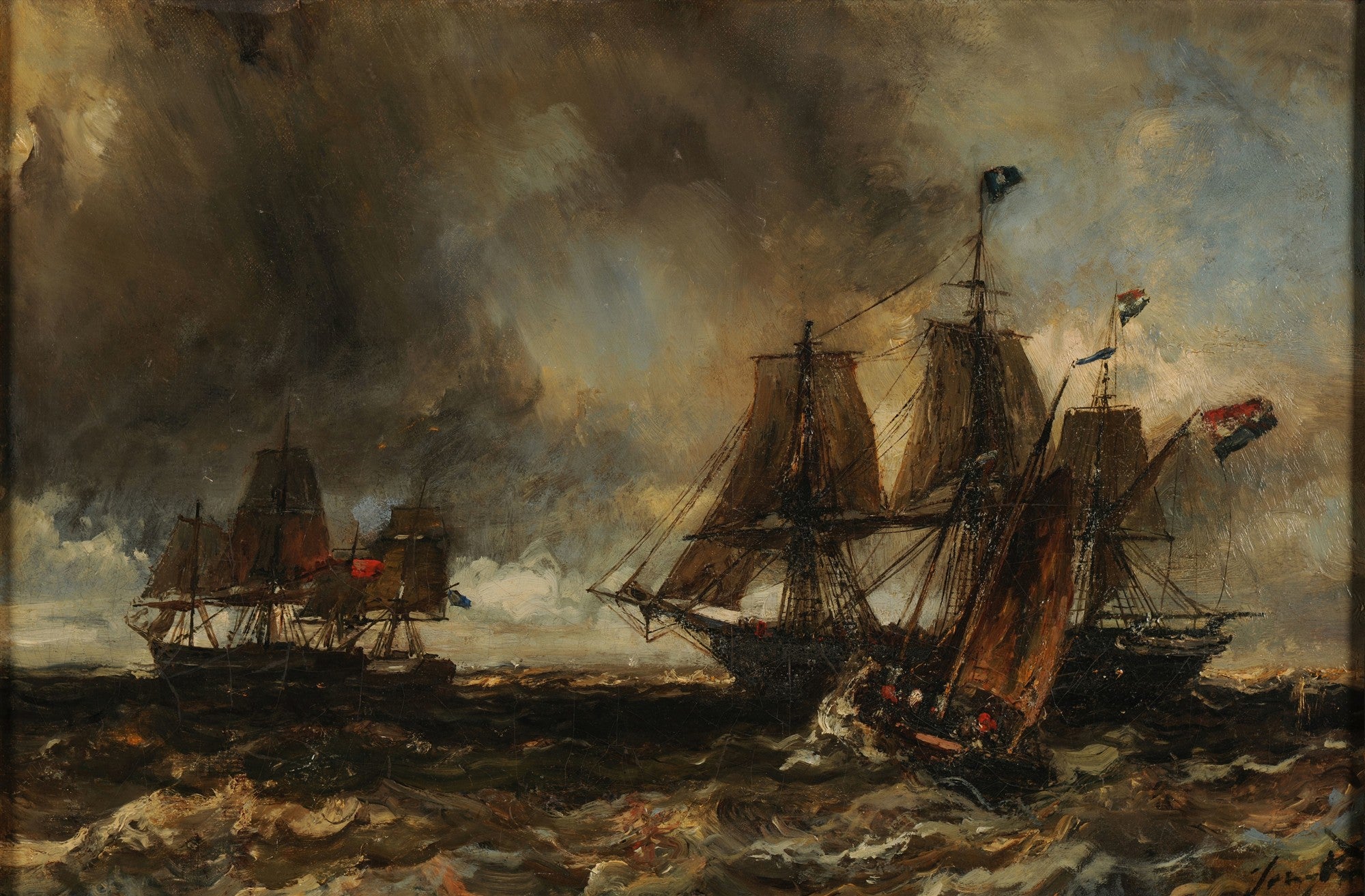 Quadro decorativo com pintura a óleo de Johan Barthold Jongkind, representando navios a vela enfrentando uma tempestade em um mar agitado sob um céu escuro e dramático.