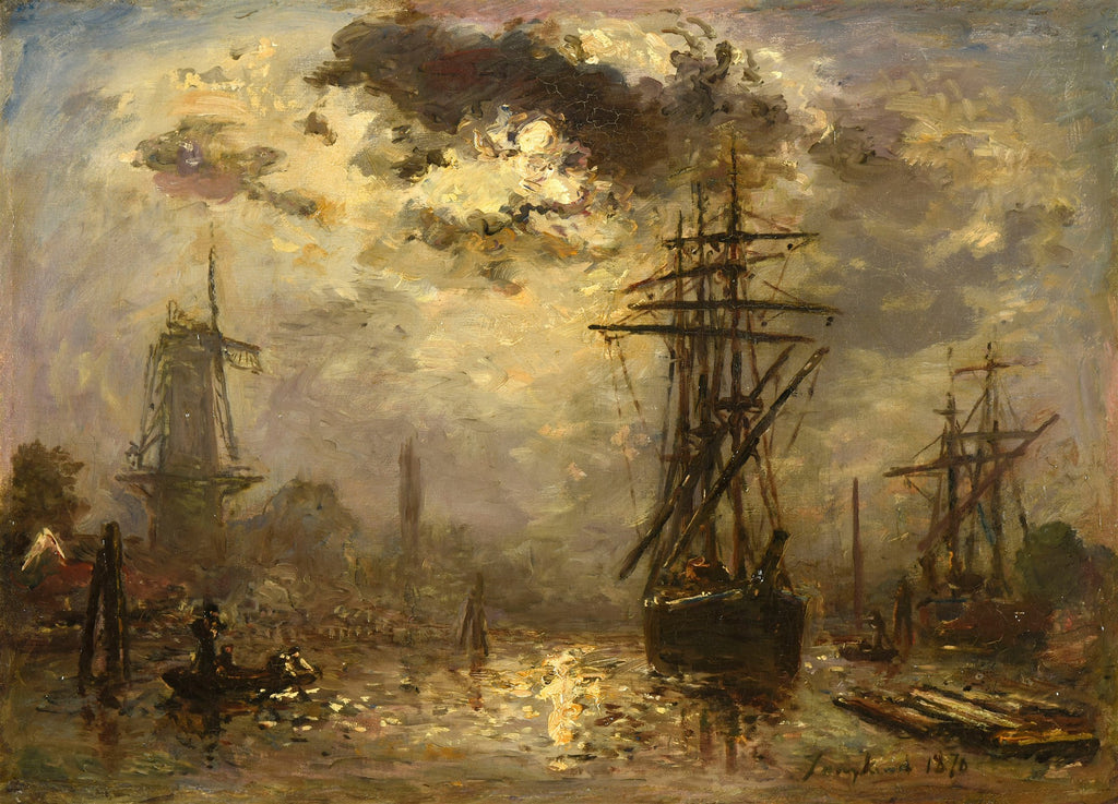 Quadro decorativo do artista Johan Barthold Jongkind, representando um porto holandês ao anoitecer com navios, moinho de vento e reflexos dourados na água. Predominam tons de cinza, ocre e marrom.