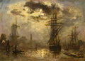 Quadro decorativo do artista Johan Barthold Jongkind, representando um porto holandês ao anoitecer com navios, moinho de vento e reflexos dourados na água. Predominam tons de cinza, ocre e marrom.