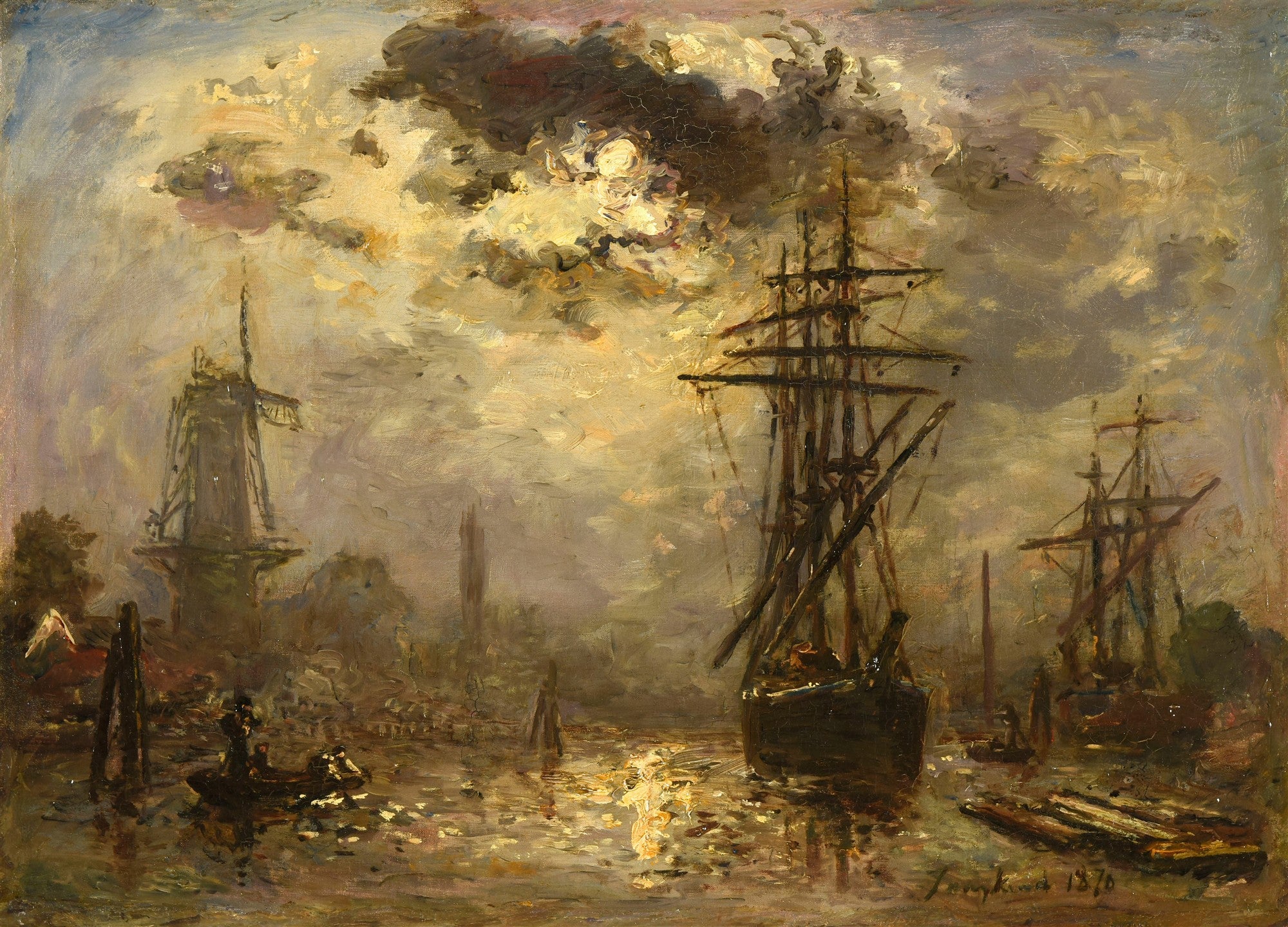Quadro decorativo do artista Johan Barthold Jongkind, representando um porto holandês ao anoitecer com navios, moinho de vento e reflexos dourados na água. Predominam tons de cinza, ocre e marrom.