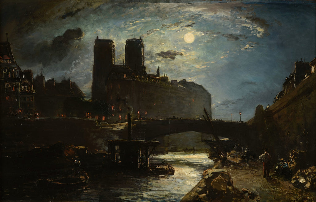 Quadro decorativo da Catedral de Notre Dame de Paris à noite, iluminada pela lua cheia, com o rio Sena e barcos em primeiro plano, estilo pré-impressionista de Johan Barthold Jongkind.