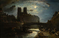 Quadro decorativo da Catedral de Notre Dame de Paris à noite, iluminada pela lua cheia, com o rio Sena e barcos em primeiro plano, estilo pré-impressionista de Johan Barthold Jongkind.