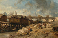 Pintura a óleo de Johan Barthold Jongkind, representando um porto urbano com construções de madeira sobre a água, uma ponte de arcos ao fundo, fumaça saindo de chaminés e figuras humanas trabalhando com materiais na margem, sob um céu nublado.