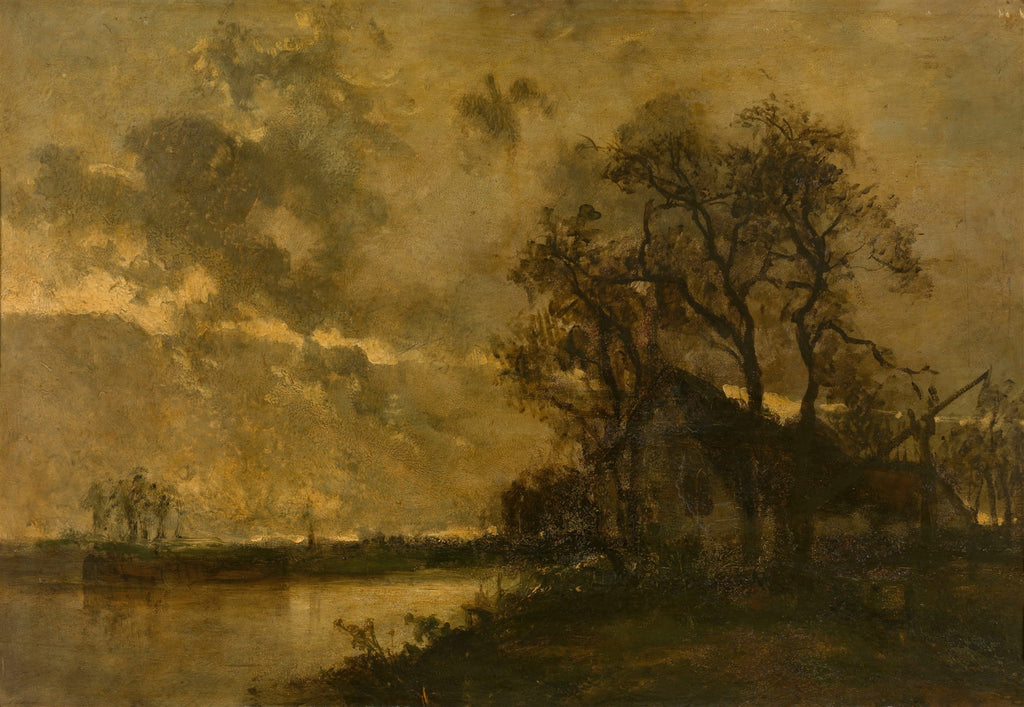 Quadro decorativo com paisagem escura de Johan Barthold Jongkind, mostrando um rio ou lago, árvores escuras e um céu nublado com reflexos dourados.