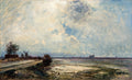 Quadro decorativo paisagem holandesa com moinhos de vento, céu nublado e estrada, por Johan Barthold Jongkind