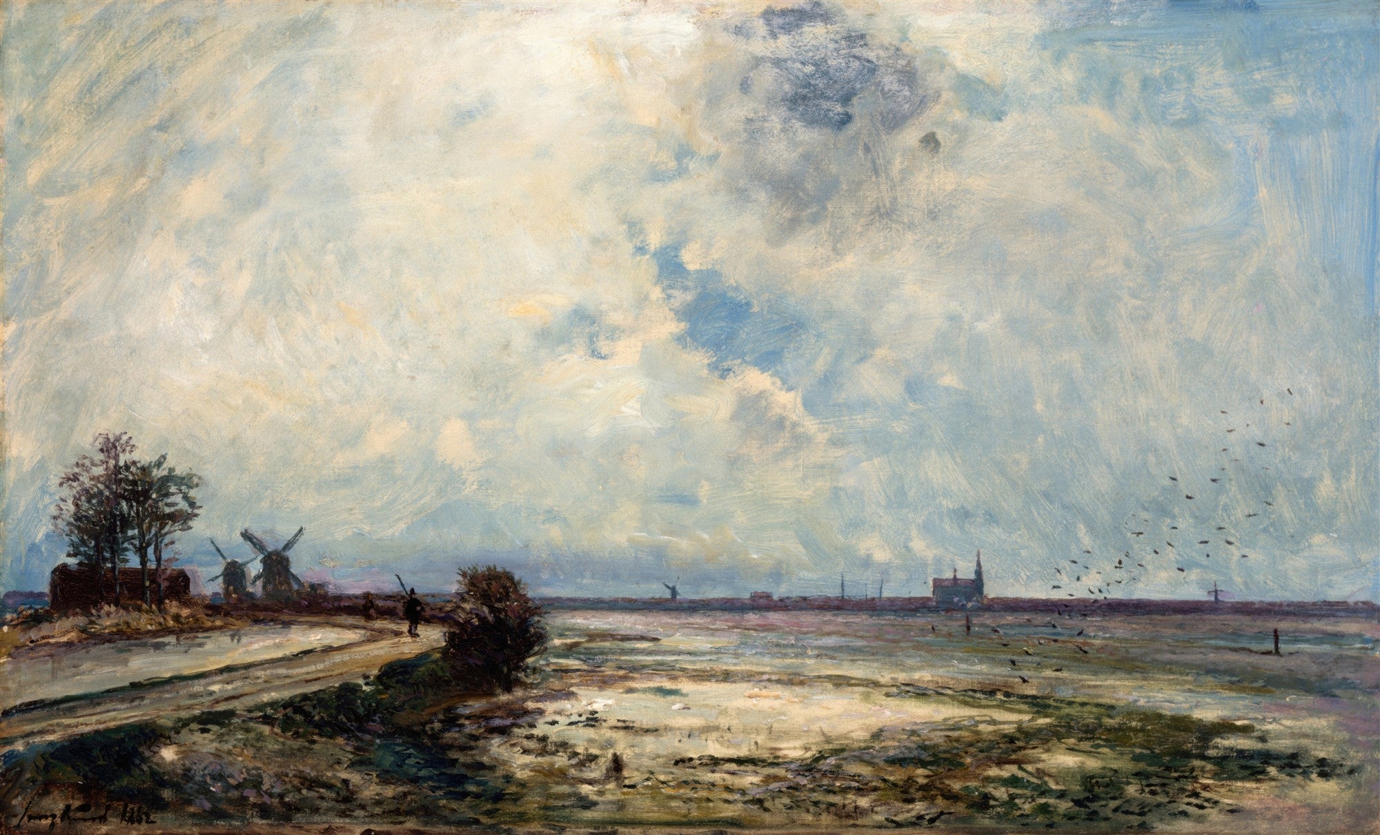 Quadro decorativo paisagem holandesa com moinhos de vento, céu nublado e estrada, por Johan Barthold Jongkind