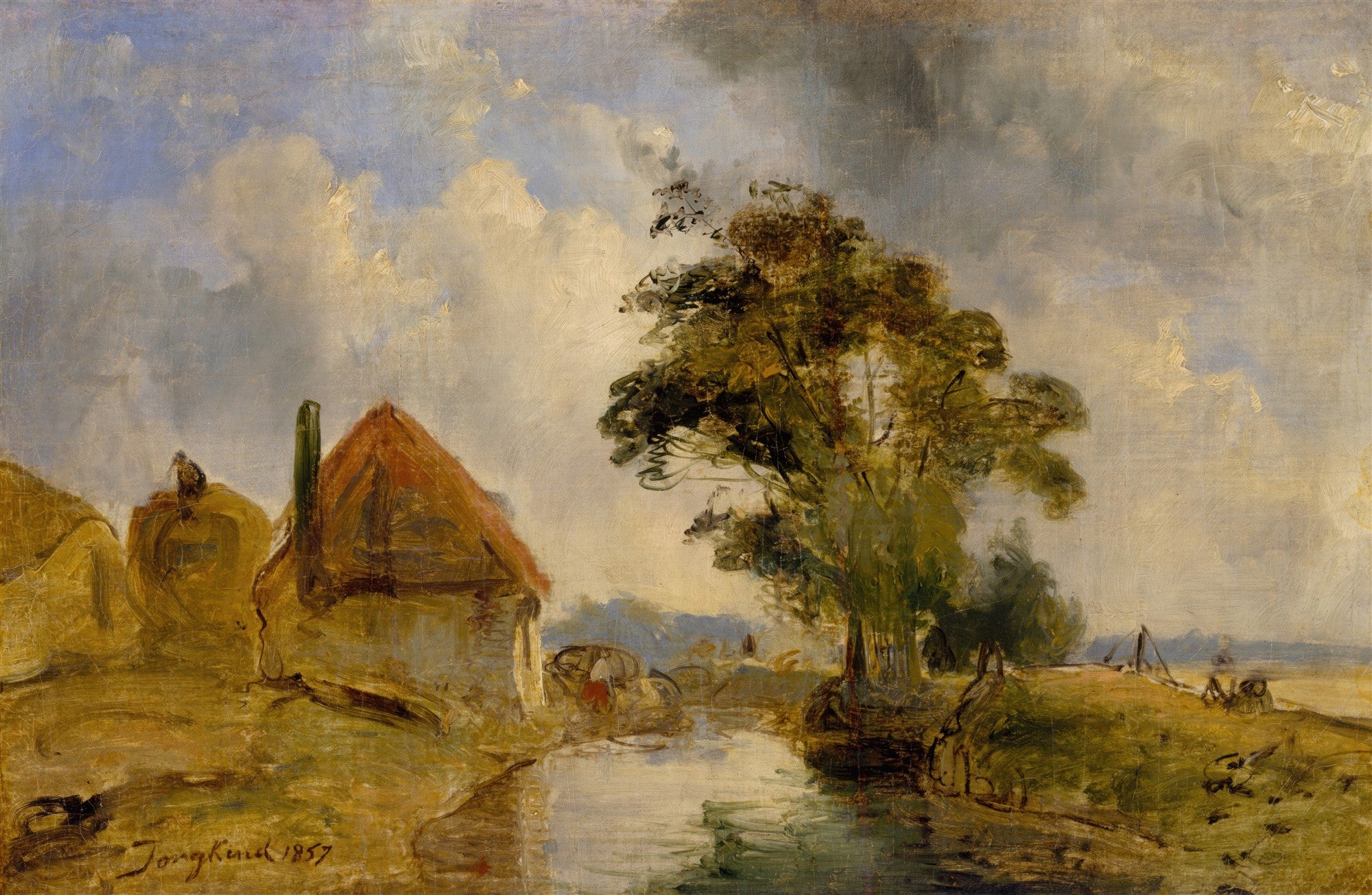 Pintura a óleo de uma paisagem holandesa, com uma casa de telhado vermelho e um grande salgueiro à beira de um canal. Céu nublado e dramático. Assinatura do artista Jongkind e data 1857 no canto inferior esquerdo.