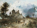 Pintura a óleo de uma paisagem rural com um castelo ou grande casa de pedra ao fundo, sob um céu nublado, com árvores e figuras humanas próximas a um animal de carga. A paleta de cores é composta por tons terrosos, cinzas e azuis.