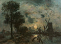 Quadro decorativo noturno com moinhos e lua cheia refletida na água, de Johan Barthold Jongkind