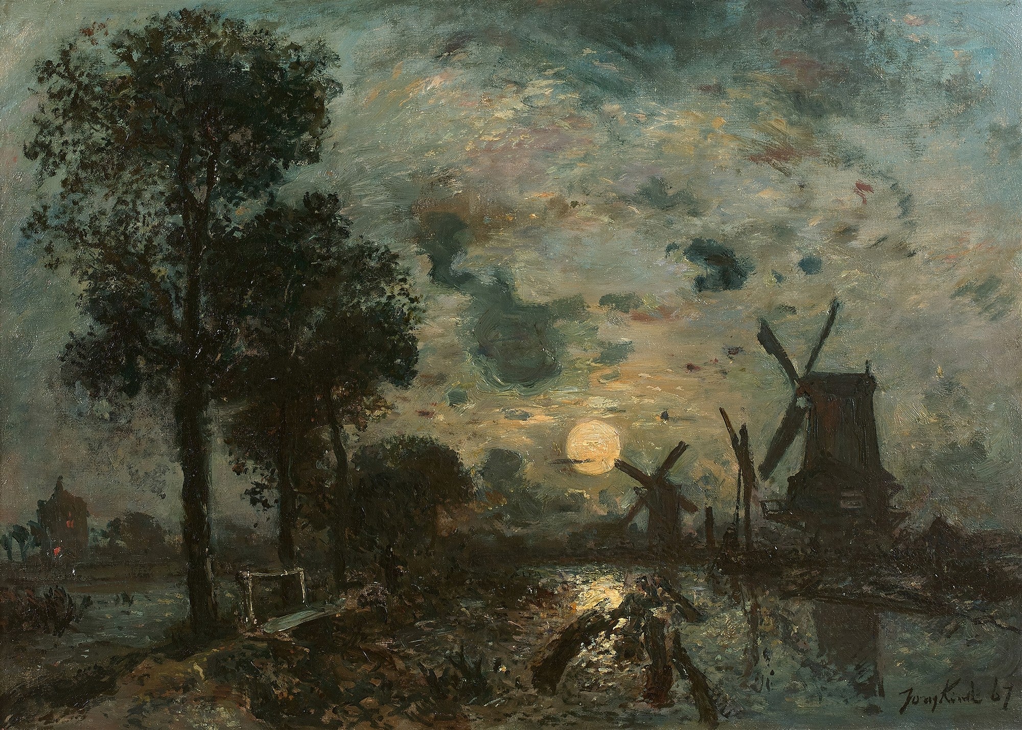 Quadro decorativo noturno com moinhos e lua cheia refletida na água, de Johan Barthold Jongkind