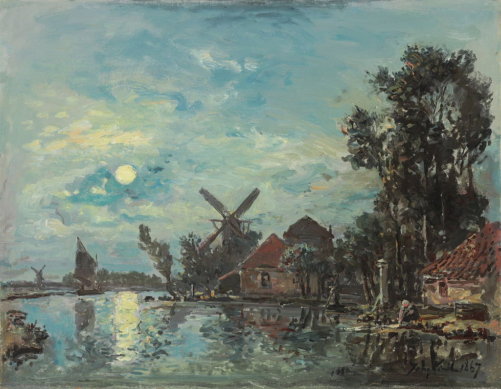 Quadro decorativo mostrando uma paisagem noturna holandesa com um rio, moinhos de vento, casas e árvores sob a luz de uma lua cheia refletida na água. A pintura possui pinceladas visíveis e cores suaves de azul, cinza e amarelo.